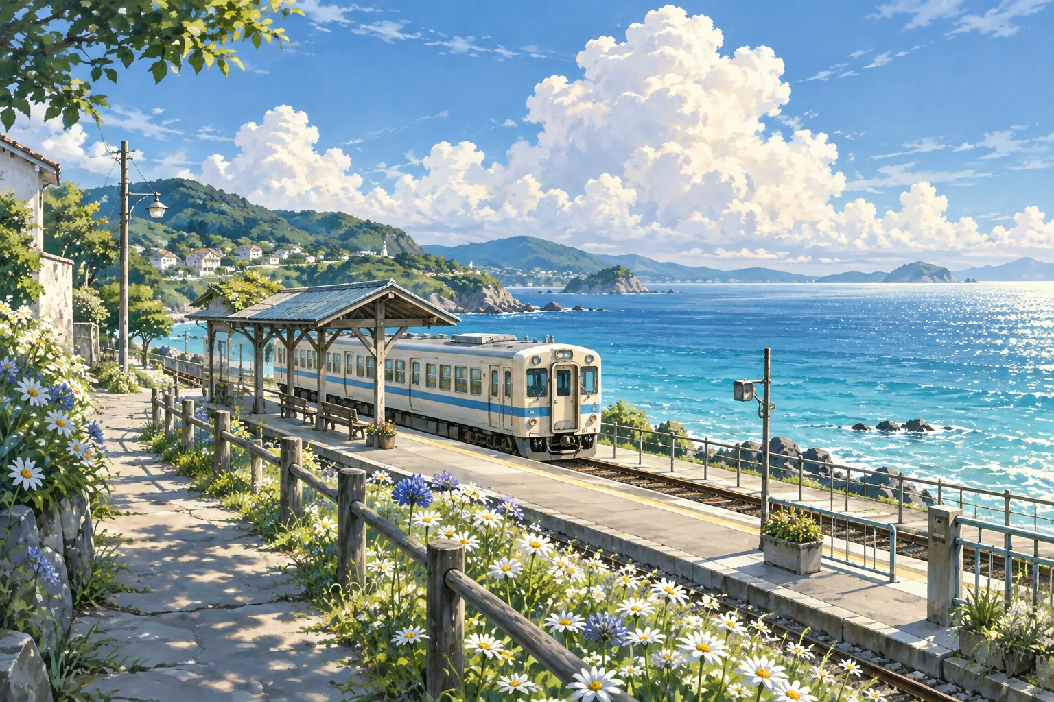 沿着海岸驶向远方的列车